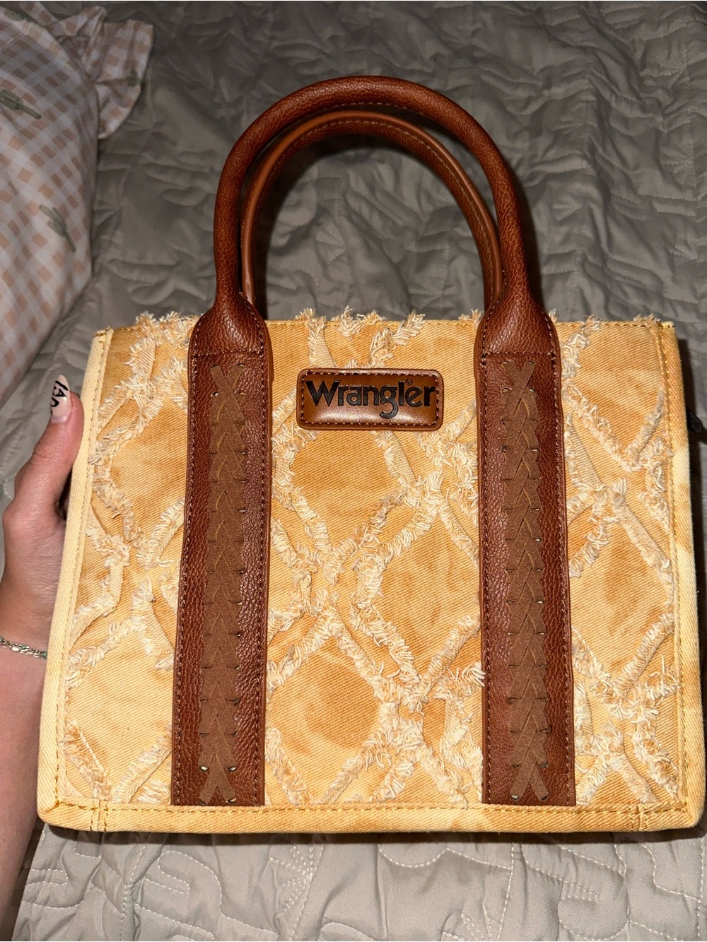 Wrangler yellow mini tote with brown handles